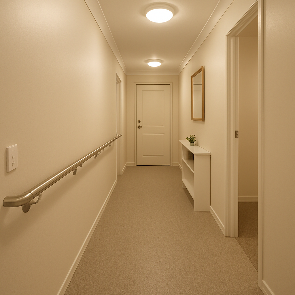 Hallway in an Australian home with safety grab rails and non-slip flooring