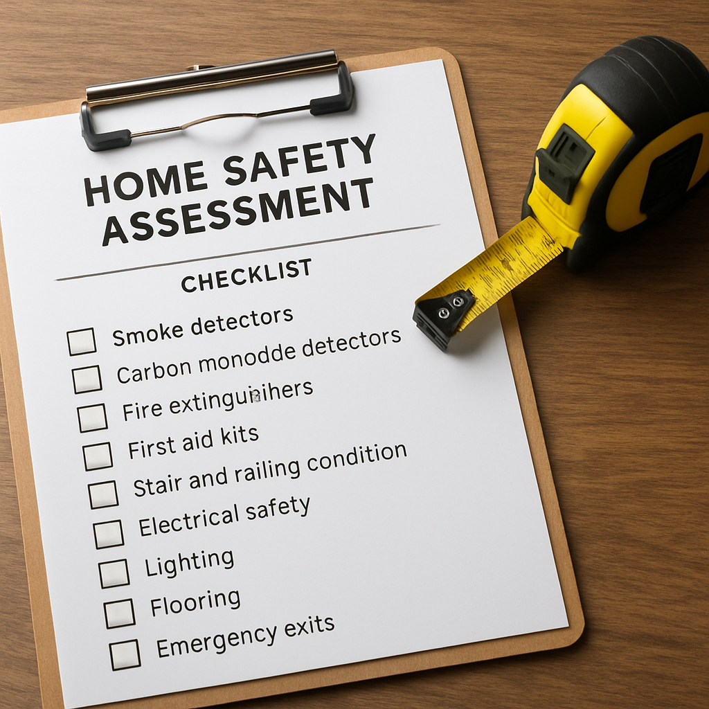 Home safety assessment checklist and measuring tape on a wooden table
