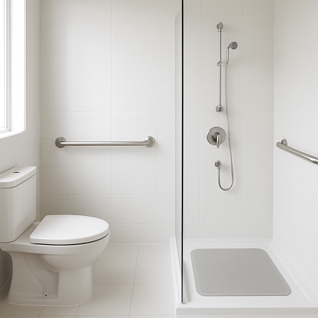 Bathroom with stainless steel grab rails installed beside a shower